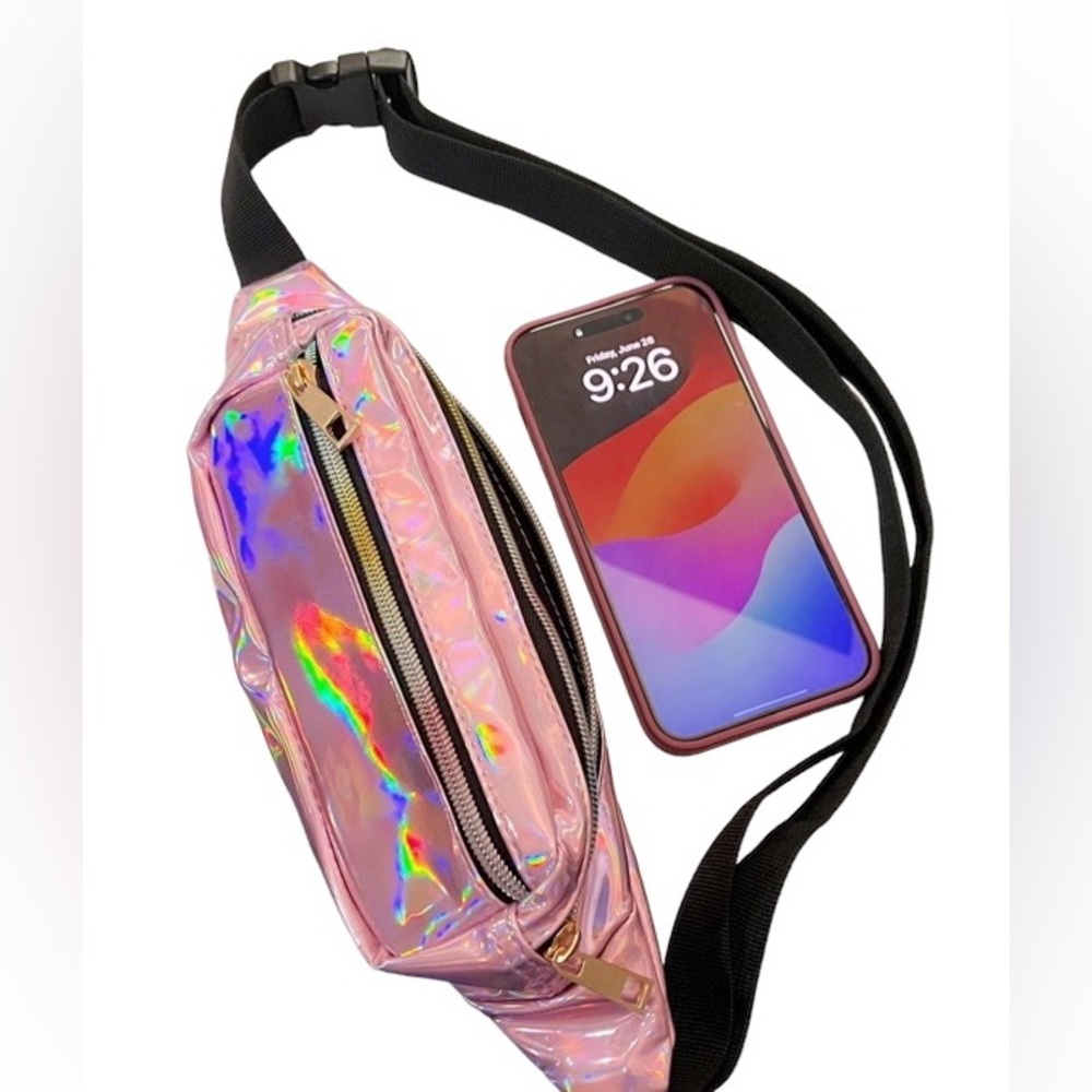 Pink Holographic Fanny Pack Shoulder Bag Rave Beach Travel Hip Bum Waist Bag